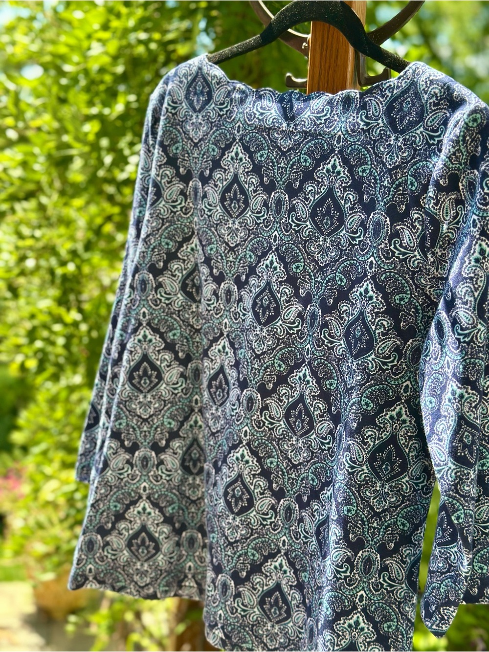 Kim Rogers Petite Paisley Knit Top PM Navy Blue 3 4 Sleeve Stretch - Picture 4 of 7